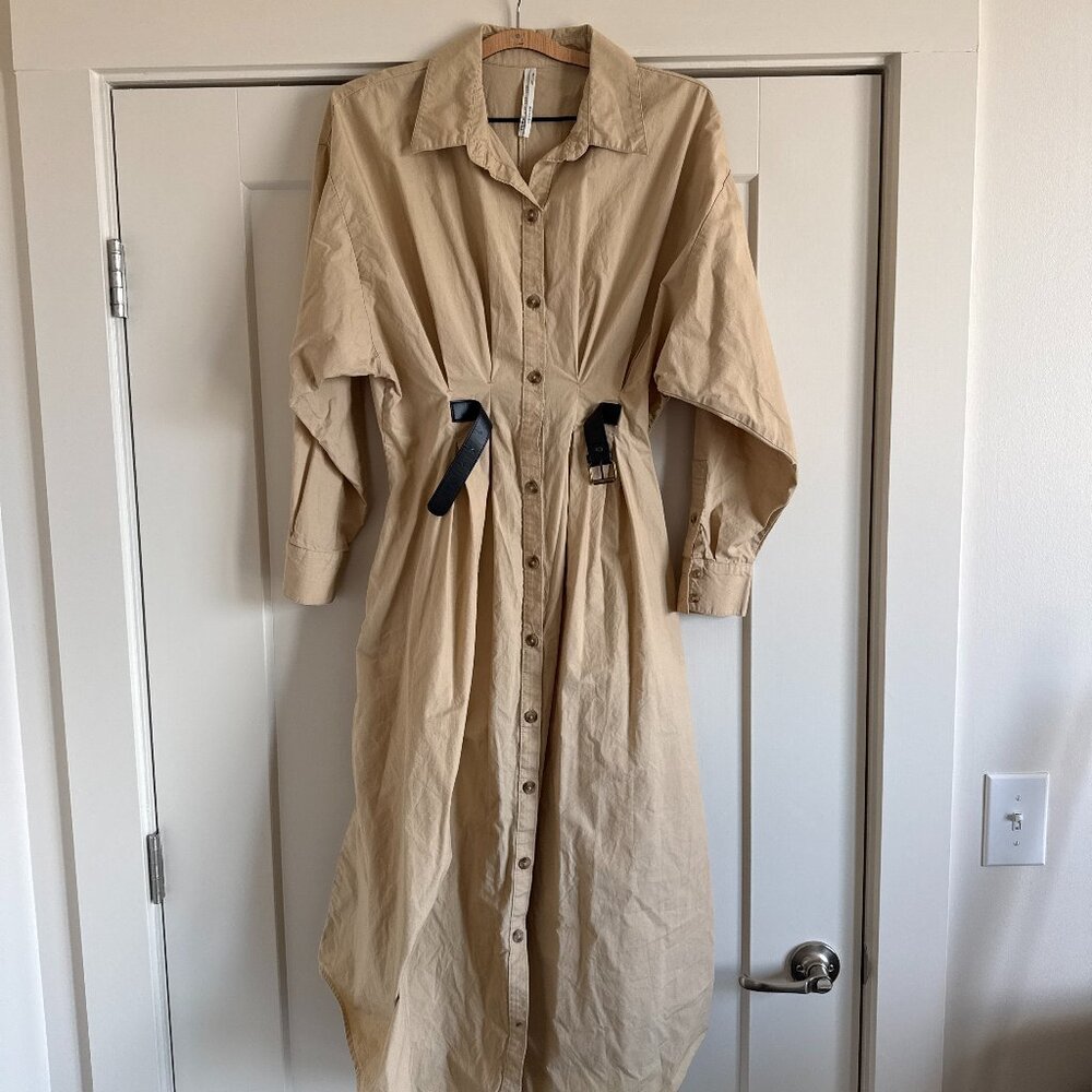 Long-Sleeve Buckle-Front Midi Shirt Dress